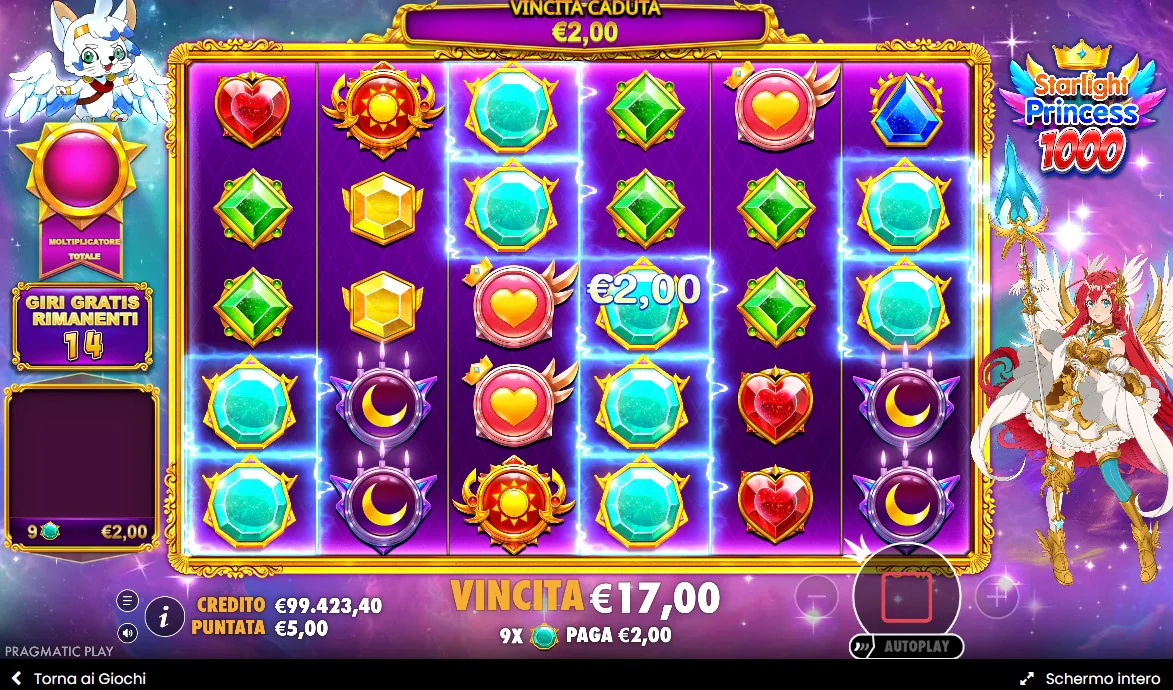 Round di giri gratis di Starlight Princess 1000 con il moltiplicatore globale in alto