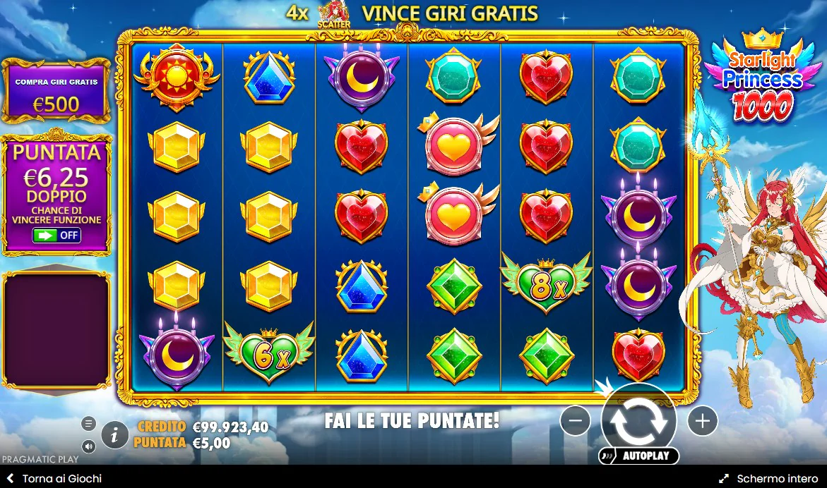 Moltiplicatori di Starlight Princess 1000 sui rulli durante un giro vincente