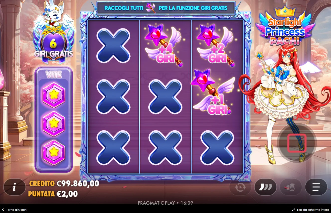 Mini Gioco Respin di Starlight Princess Pachi con i simboli free spins e il numero di giri gratis assegnati