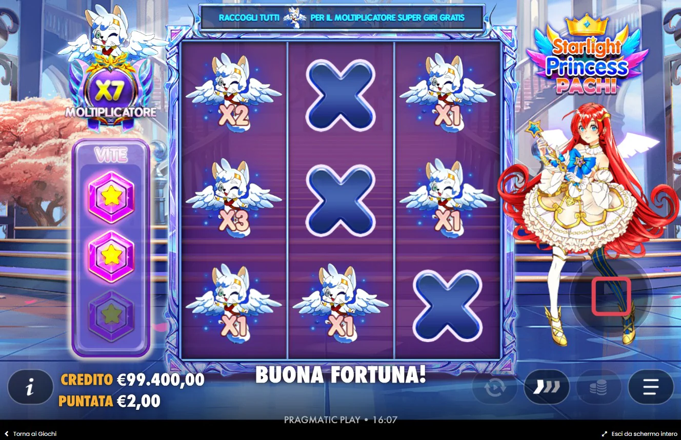 Super Mini Gioco di Starlight Princess Pachi con i simboli moltiplicatore fermi sulla griglia 3x3