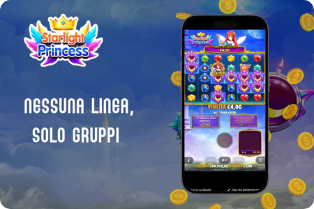 Griglia di Starlight Princess con un gruppo di simboli uguali che paga